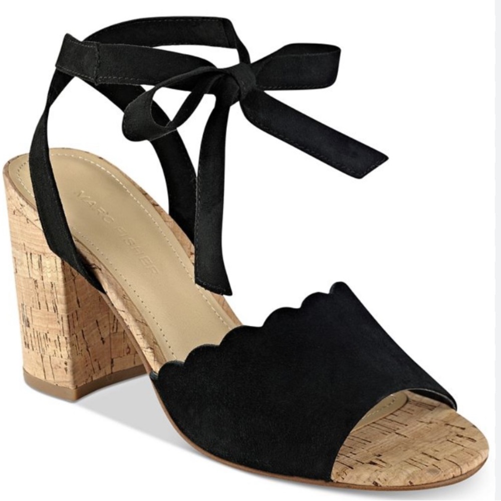 NIB Marc Fisher Piya Black Leather Suede Ankle Wrap Heel Sandals
